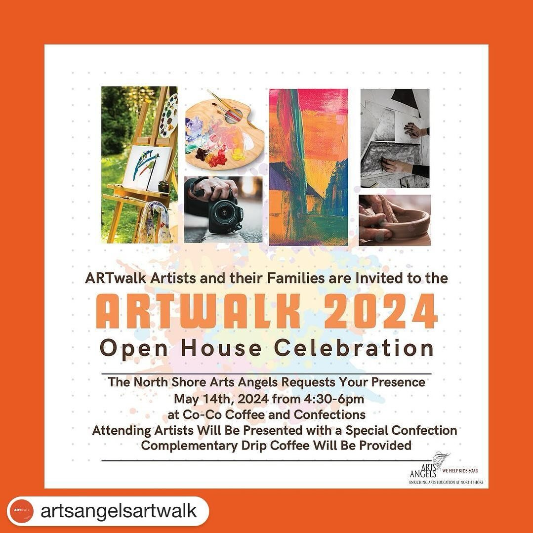 #Repost @artsangelsartwalk with @get.repost
・・・
ARTwalk Artists and their families are invited to the ARTWALK 2024 Open House Celebration! 🧡

The North Shore Arts Angels @nsartsangels requests your presence May 14th from 4:30 - 6:30 p.m. at COCO Con