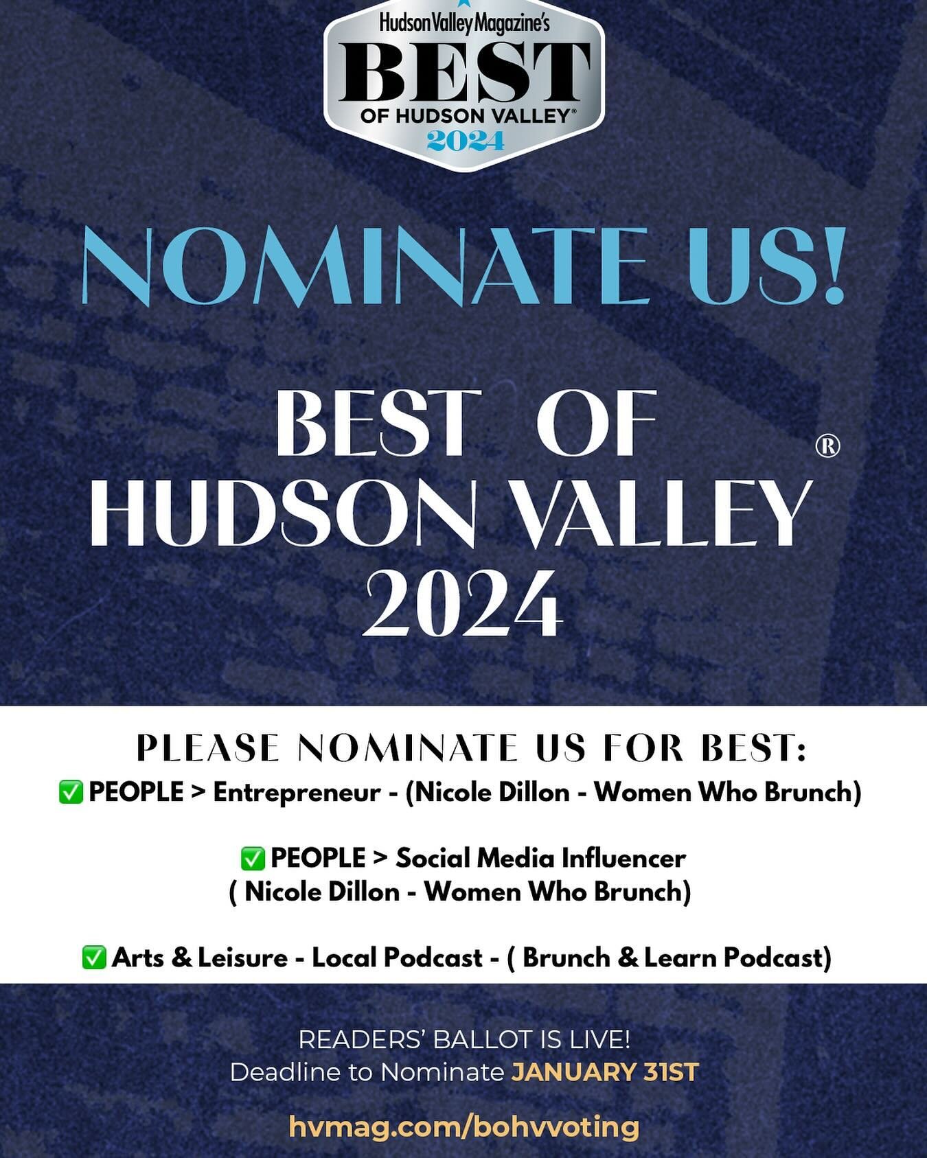 🚀 Few Days Left to Vote for @hvmagevents Best of Hudson Valley 2024 - Here&rsquo;s our campaign &amp; how to vote 🫶👇

Categories:
✅ PEOPLE &gt; Entrepreneur &gt; ( Nicole Dillon - Women Who Brunch) 
👉 Our whole business is about supporting local&