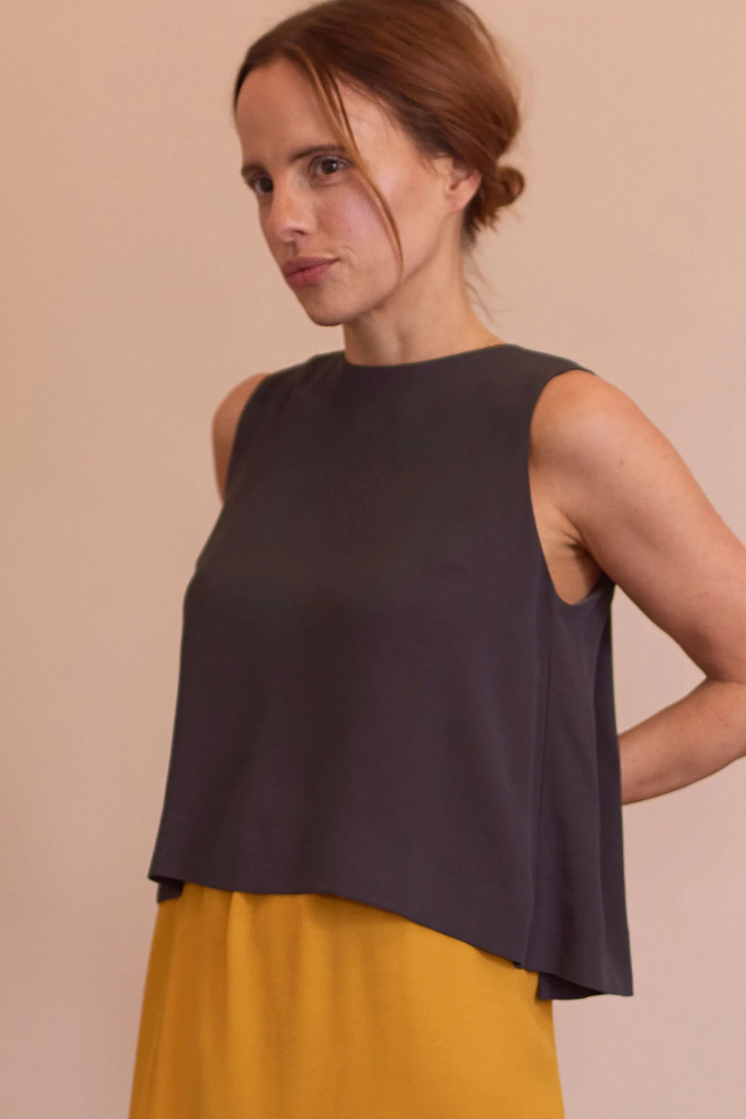 Rosa Macher Sleeveless Top 001 in Charcoal and Skirt 001 in Mustard