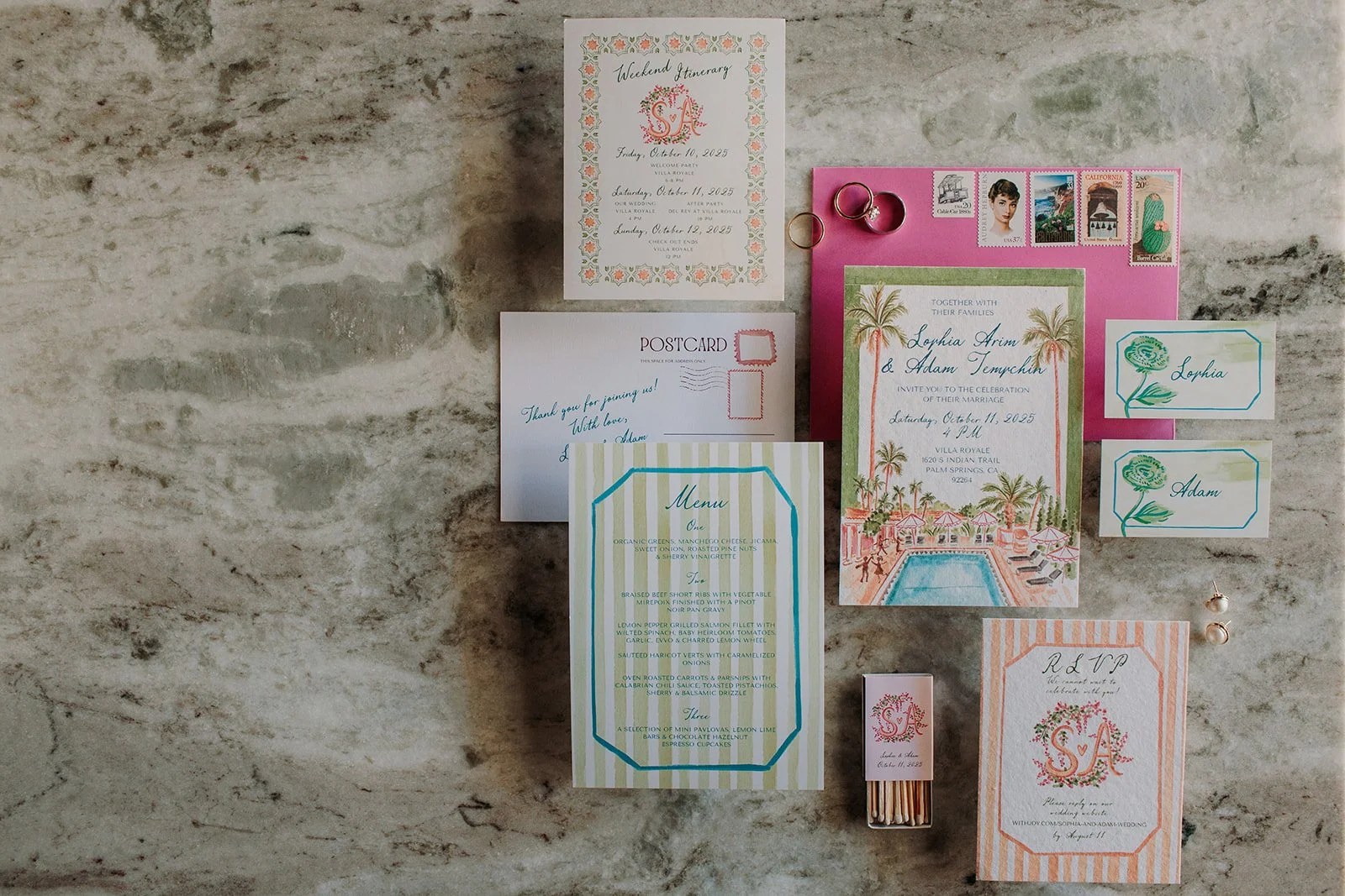 Wedding invitation suite with colorful stripes and watercolor