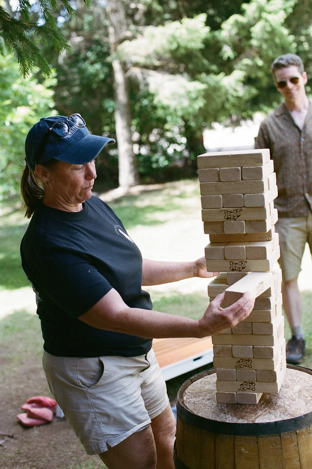 Wedding guest playing giant jenga outside