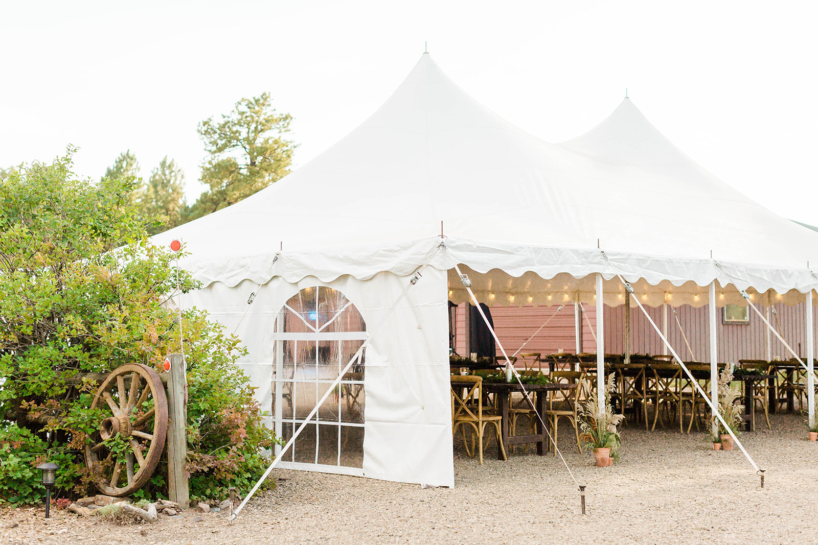 Relaxed backyard wedding reception with mountain views in Colorado