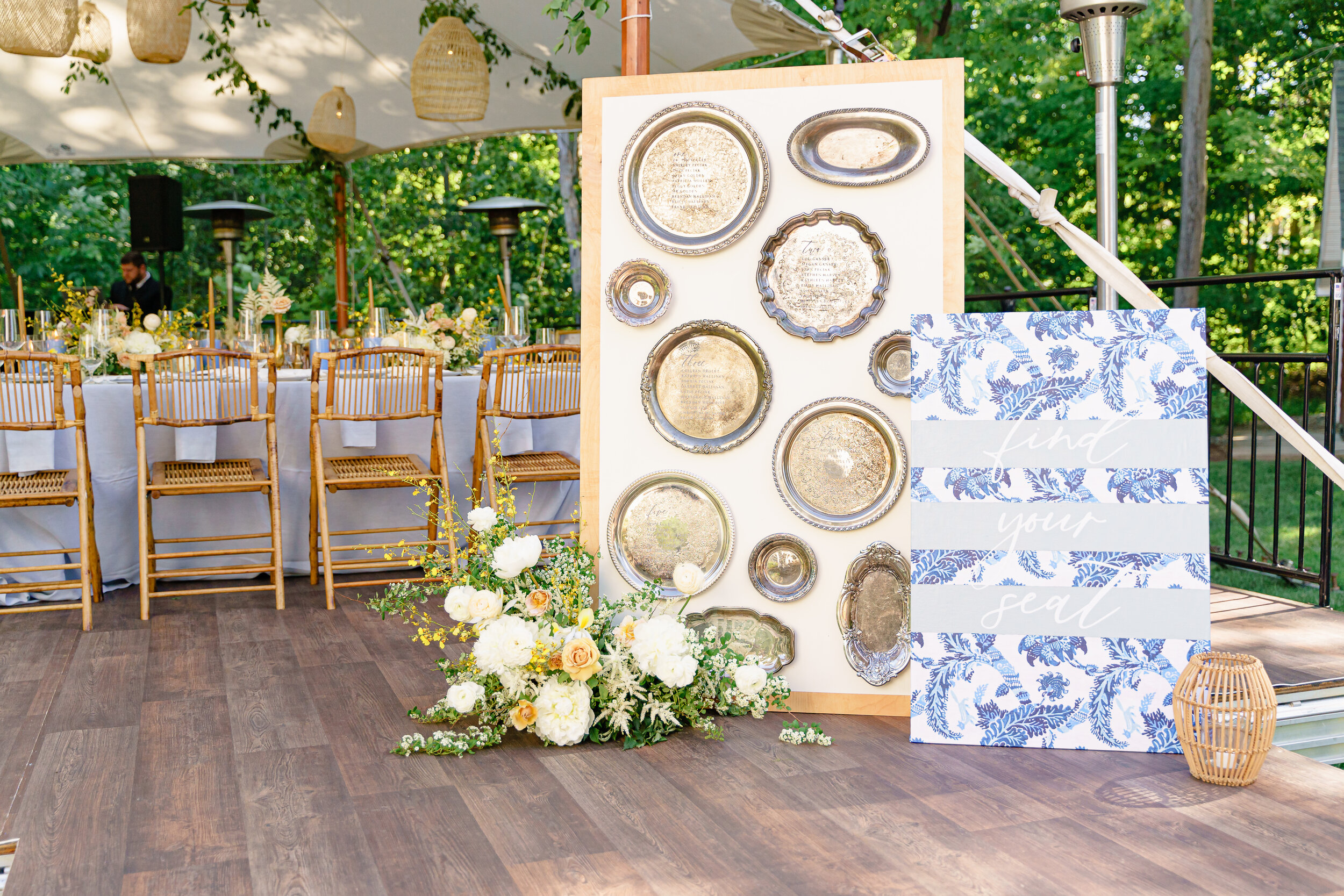 Classic silver tray seating chart for timeless summer wedding