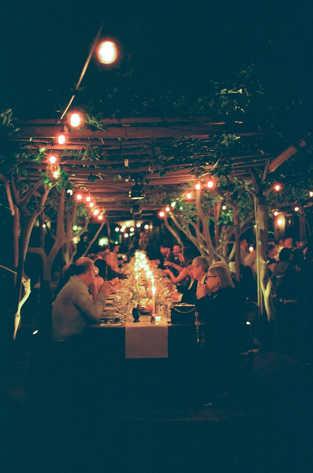 Wedding guests sitting at dinner table in candlelight