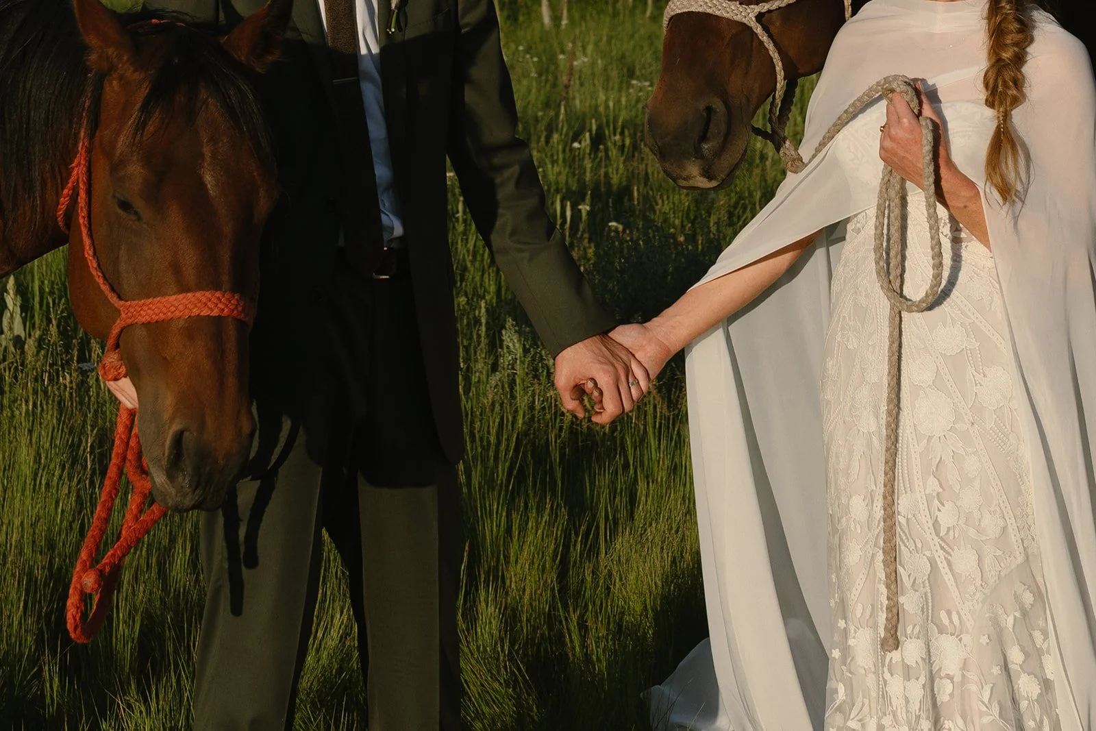 Bride and groom holding hands with horse next to them