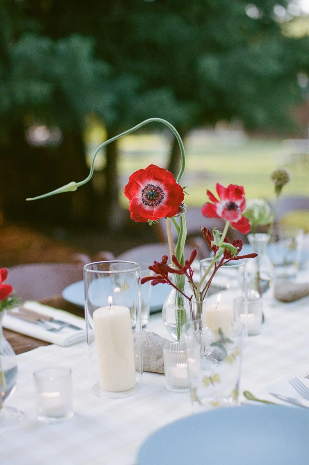 Red floral arrangement on dinner table