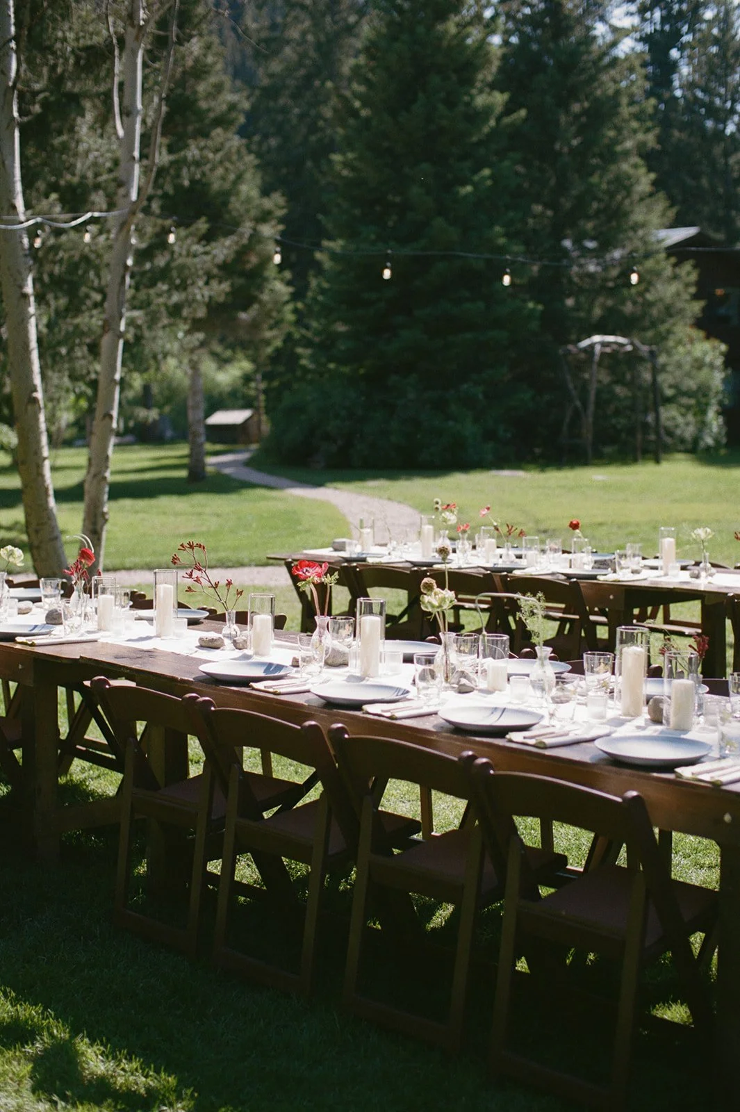Table set for dinner with string lights overhead