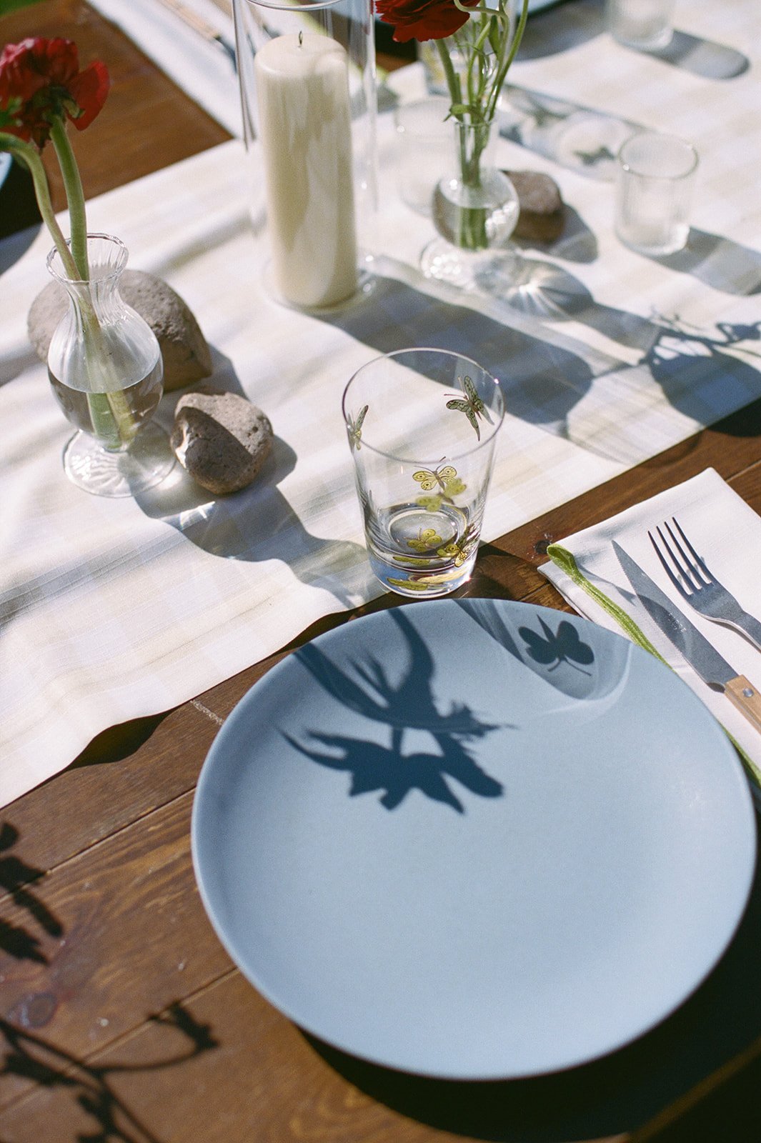 Blue plate on wooden table