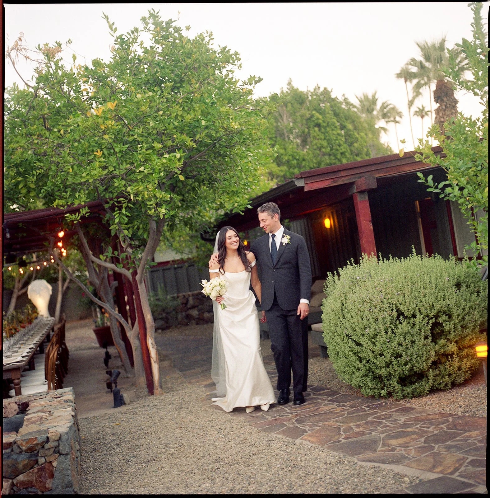 Bride and groom outside just married