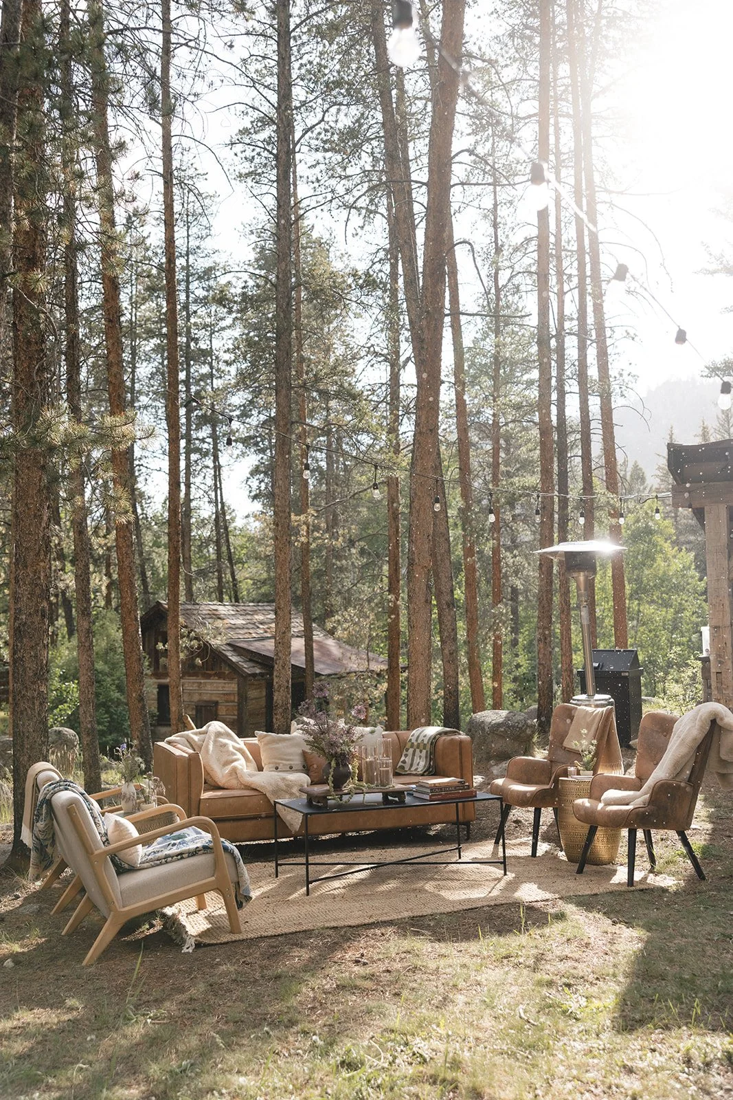 Seating area with couch and four chairs, coffee table outside in a grove of pine trees