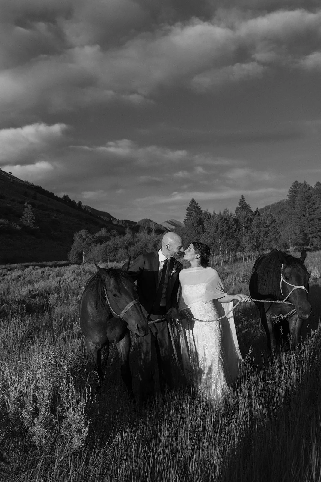 Bride and groom kissing in between two horses