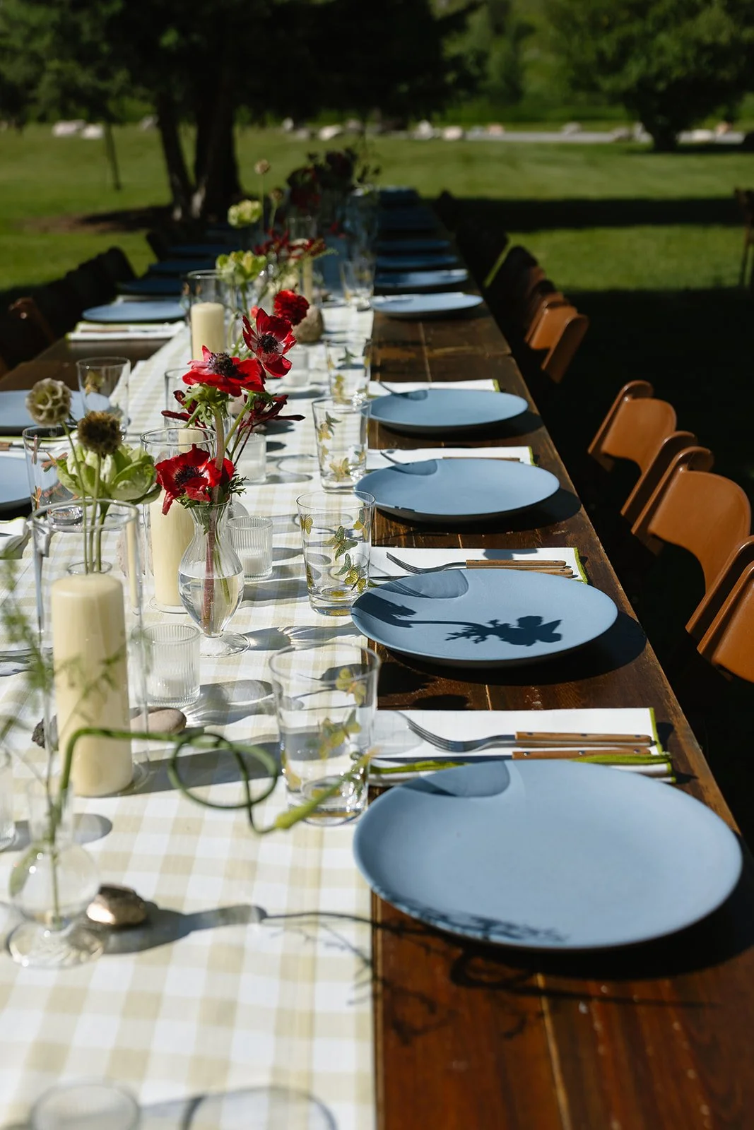 Blue plates with green, white, red florals