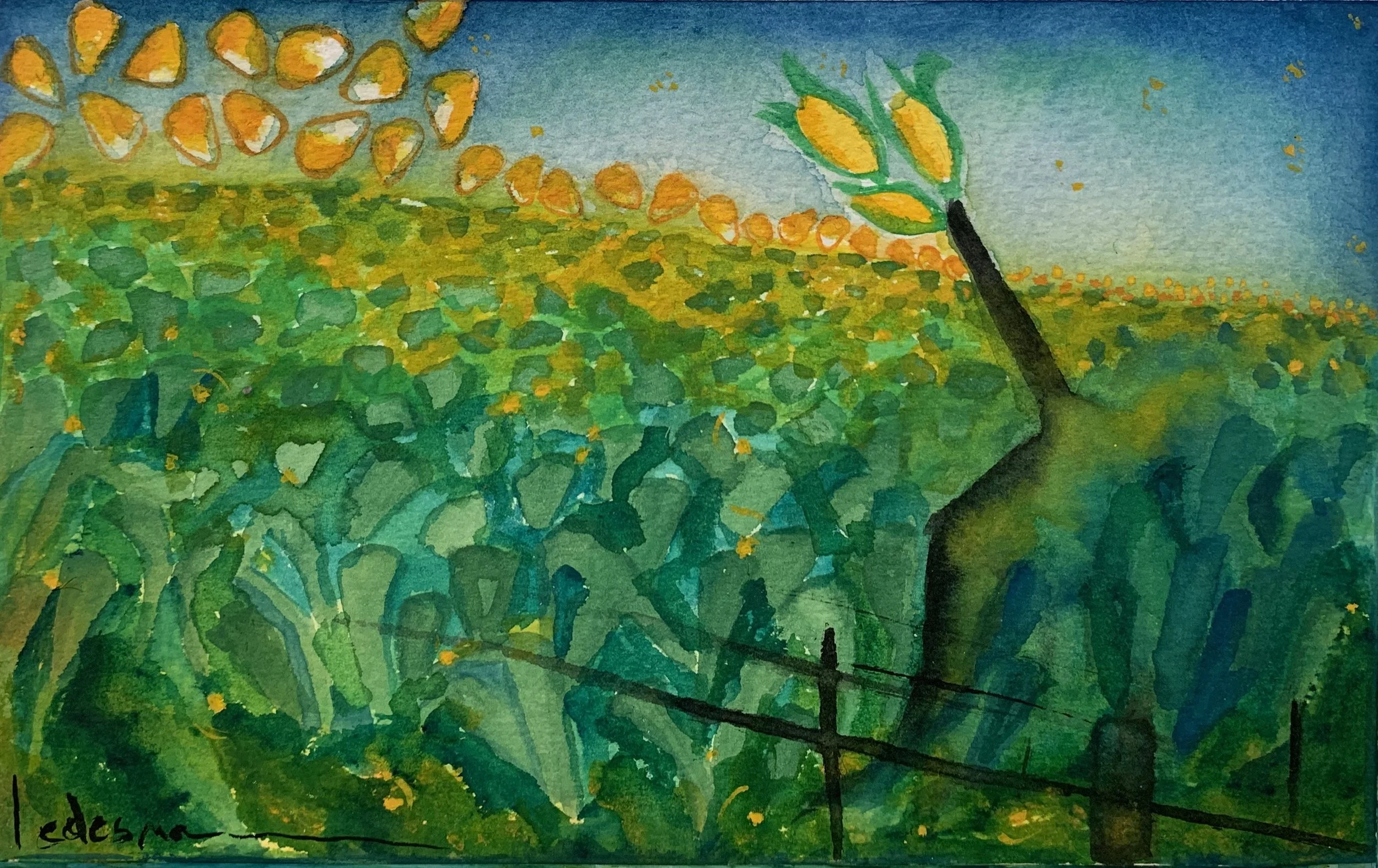 Cornfield Jumping-   5.5"x 8.5"   $490/framed