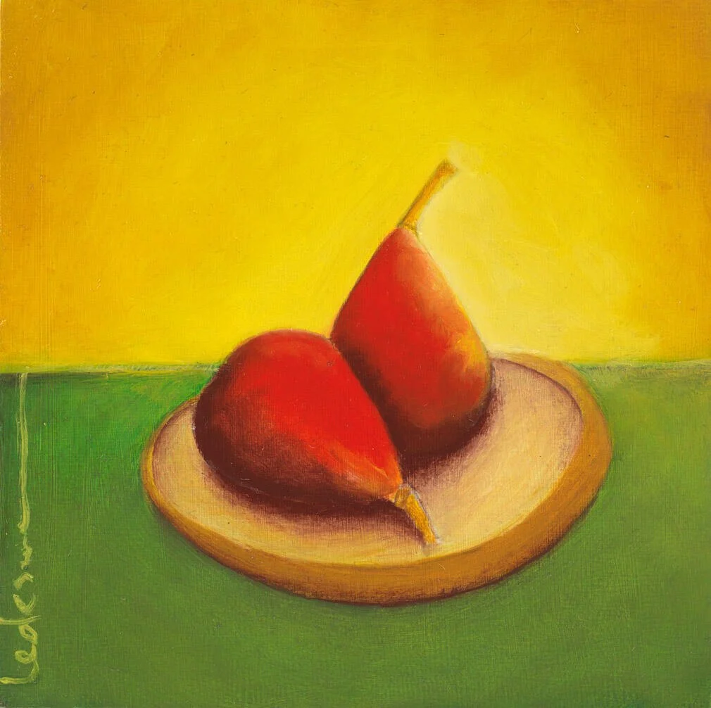 painting of two orange figs on a plate, in a room with yellow wall and green table