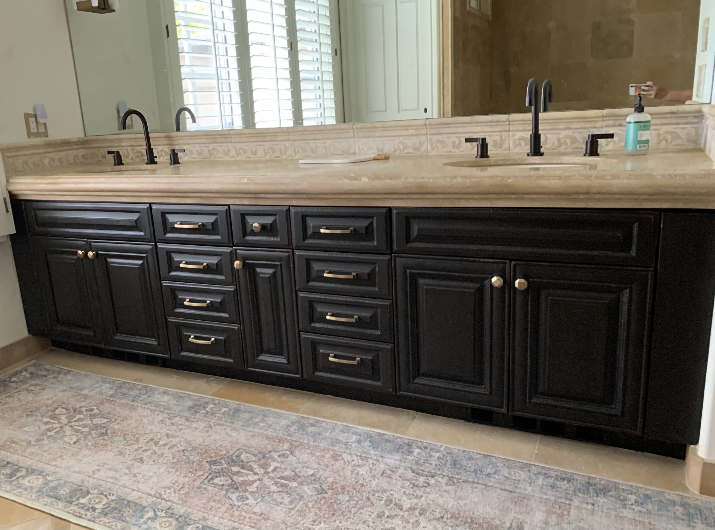 Black painted and distressed cabinets