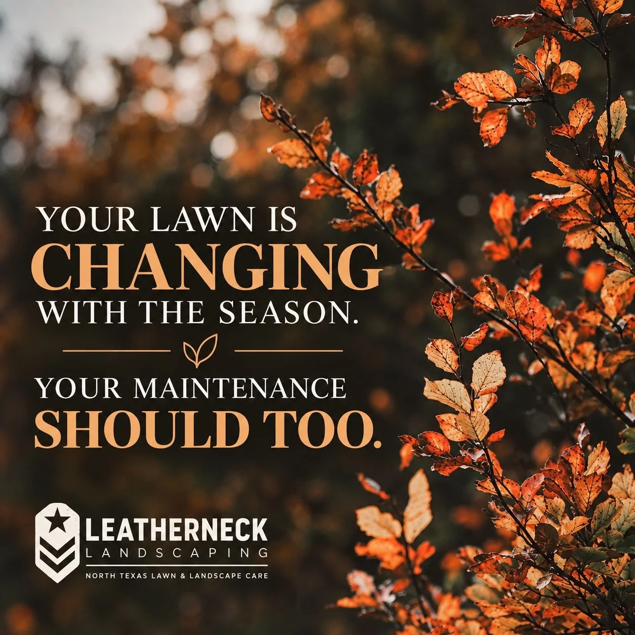 🍂 Your lawn is changing with the season and your maintenance should too.

Fall is the perfect time to stay ahead of seasonal cleanup and keep your property looking sharp as North Texas heads into cooler weather. Let Leatherneck Landscaping handle th