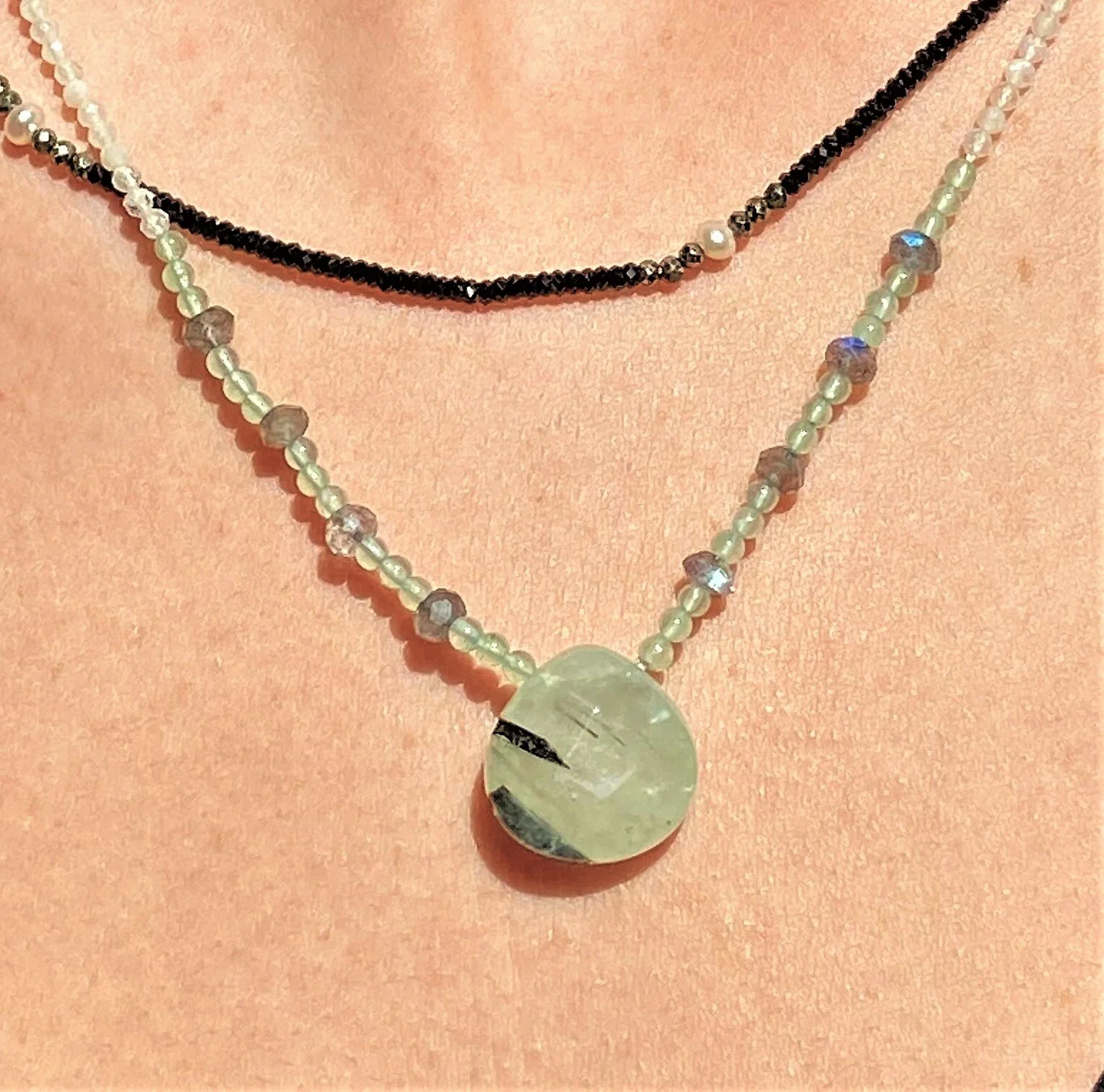 Tourmalted Prehnite Necklace and Elegant Black Spinel with Pearl 