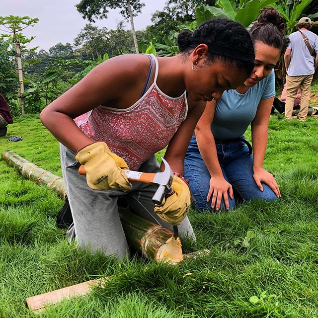 UC Berkeley architecture and conservation ecology students, Nyah Tisdell and Alevtina Sideleva, learn bamboo cuts and joints in our Intensive Introduction to Bamboo Workshop hosted on the farm by Regeneration Field Institute! @regenerationfieldinstit