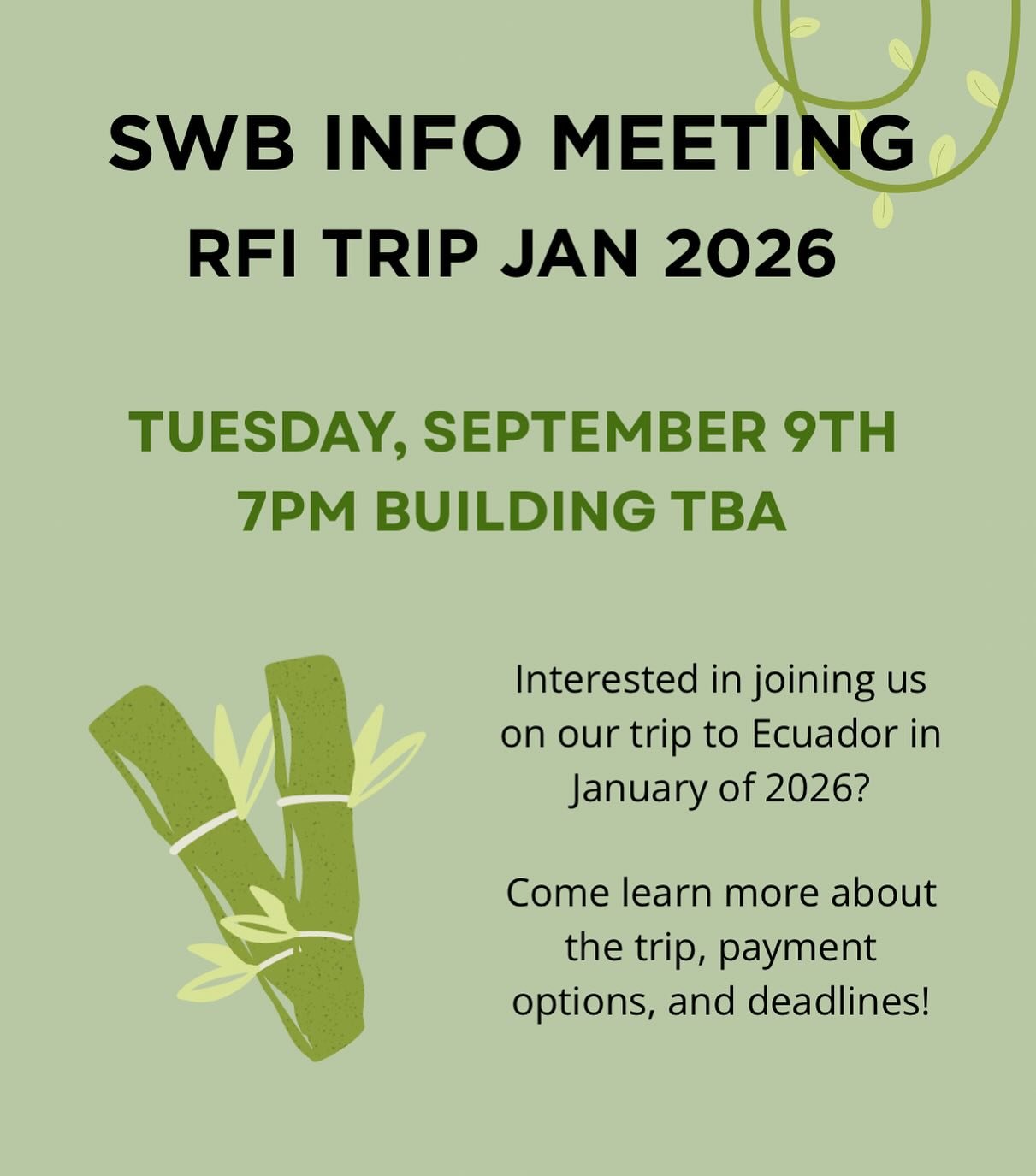 We are having an information session about our trip to Ecuador. It will be in Carson Engineering Center (room TBD) on September 9th at 7pm. If you cannot make it but are interested, please reach out so we can work something out!

We hope to see you t