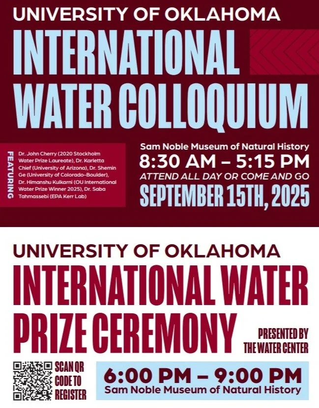 The WaTER Center International Water Colloquium is happening in one week!

Come to the Sam Noble Museum of Natural History between 8:30am and 5:15pm to hear speakers, at 6:00pm the Water Prize Ceremony will begin. 

Be sure to register at the QR code