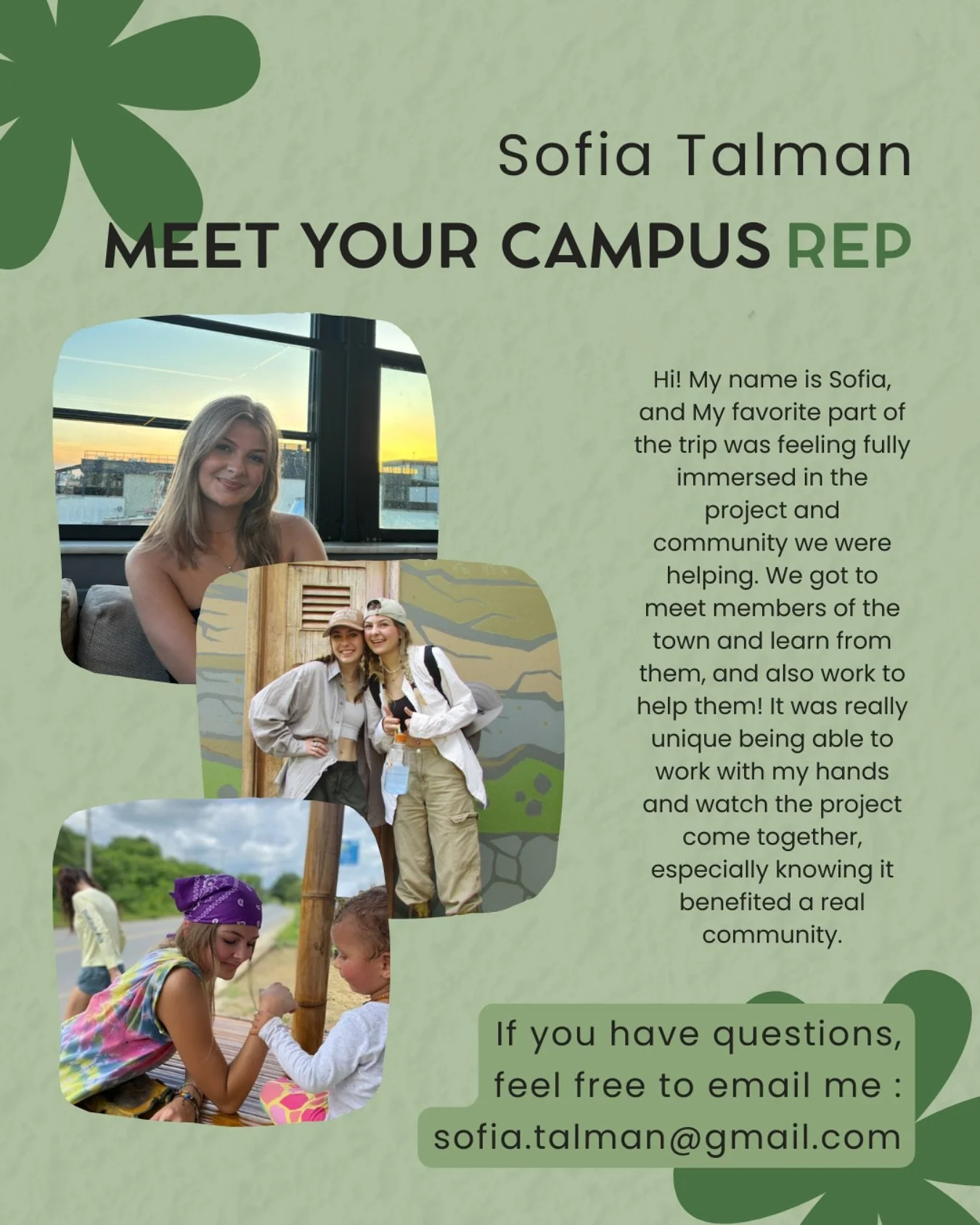 🌱 Hi! I’m Sofia, and I will be your main contact for this program! I’m so excited to embark on this awesome opportunity with all of you! Feel free to email me or DM this account with any questions you may have! 🌱