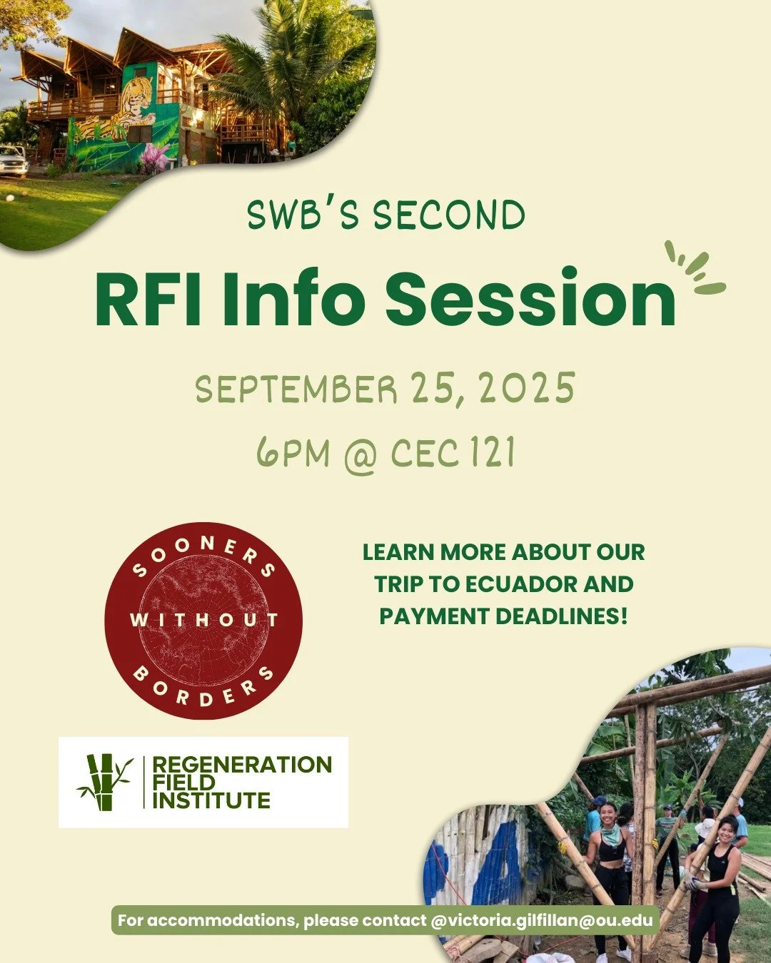 Join us for our second info session this semester! We will discuss information about our trip to Ecuador with RFI. If you have any questions about payment information or deadlines, they will be answered.

RSVP on Engage!