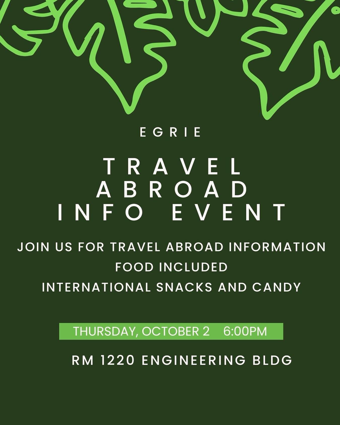 Come see your campus reps share their experiences with RFI!  Qdoba and international snacks and candy!  Room 1220 in the engineering building!