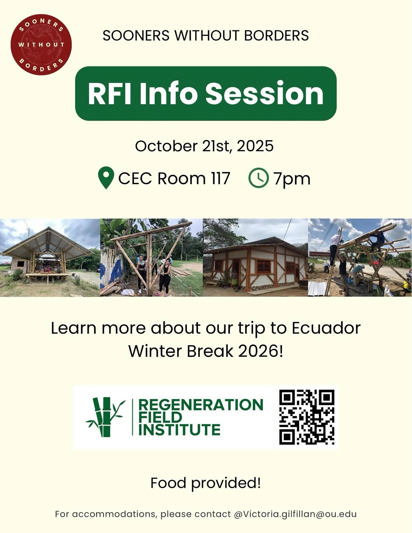 Our next RFI info session is one week from today! Come hear from representatives from RFI and learn about our trip to Ecuador!

Plus, you can come ask us questions about the trip. We are catering chipotle🌯🌮