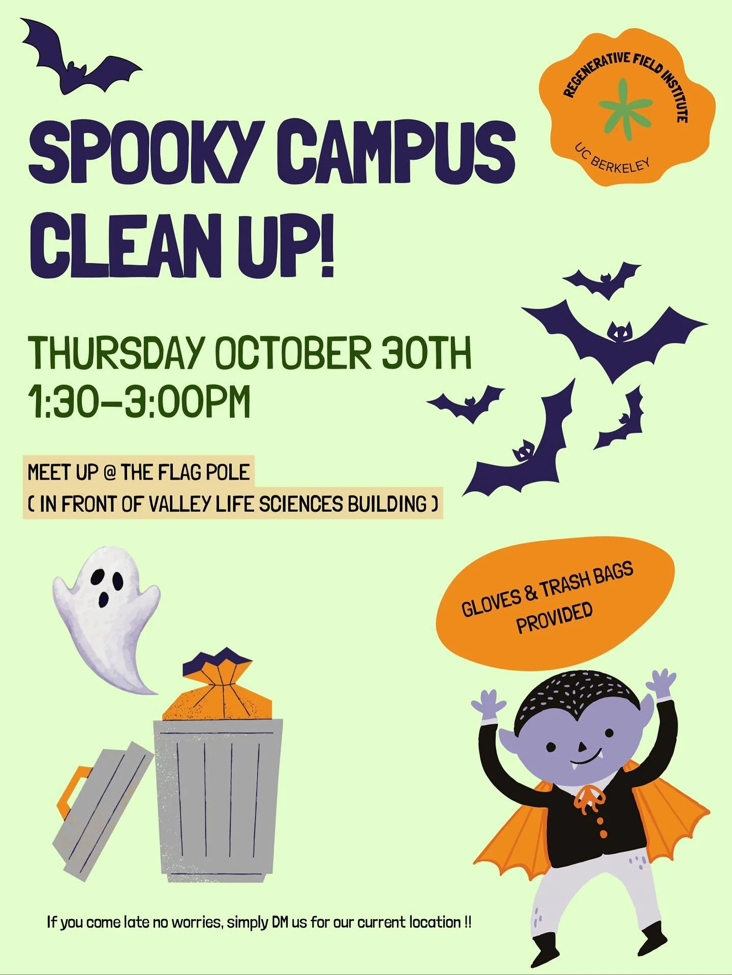 Come join us for some spooky cleaning ! 💚🧹
➡️ THIS THURSDAY OCT. 30th
⏰ 1:30 - 3:00 PM
📍Flag pole (in front of the Valley Life Sciences building) 
💚 Gloves will be provided ! 
🌱 DM us for our current locations if you&rsquo;re joining after 1:30 