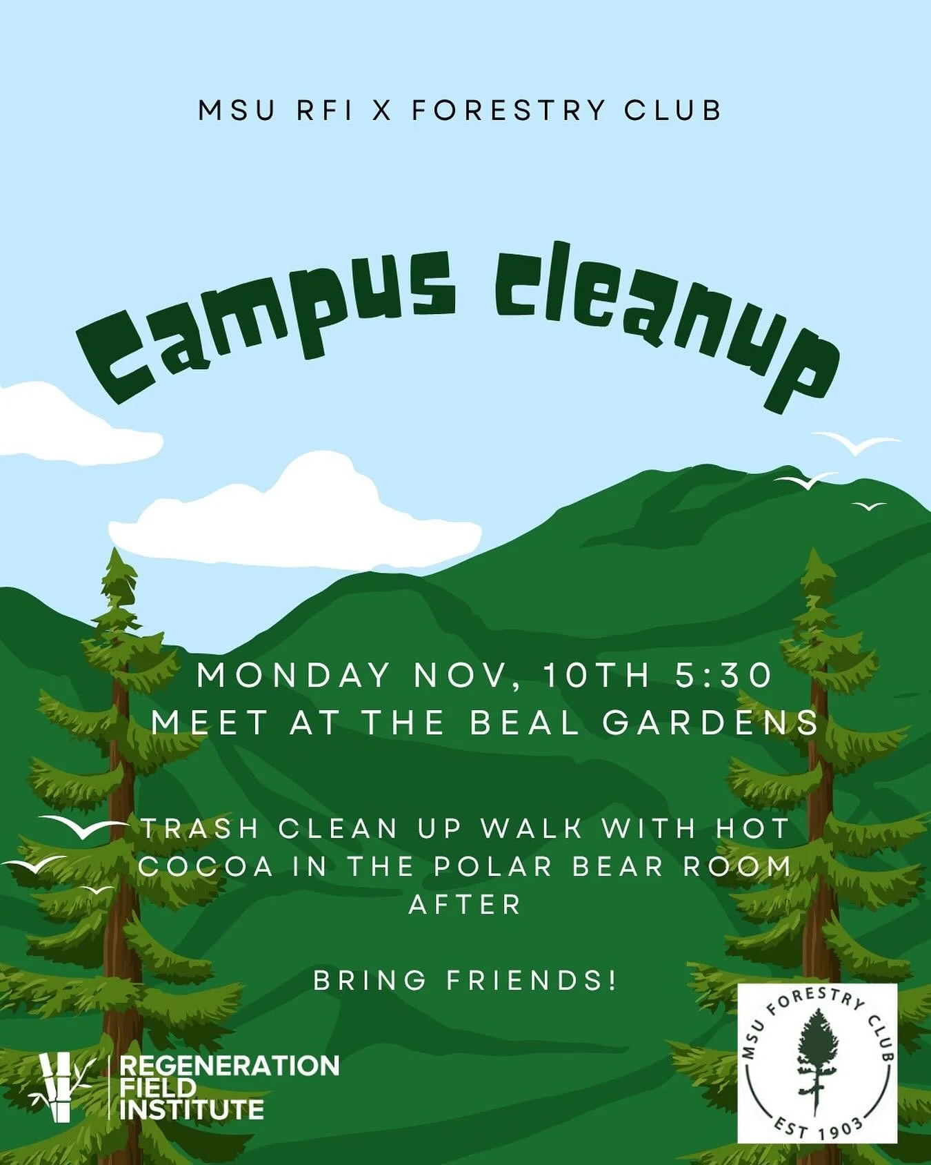 Join MSU x RFI and MSU Forestry club Monday the 10th to clean up the Red Cedar River! Hot cocoa after in the NR building! Bring friends and give back to our campus! 
#sustainability #green #regeneration #michiganstateuniversity