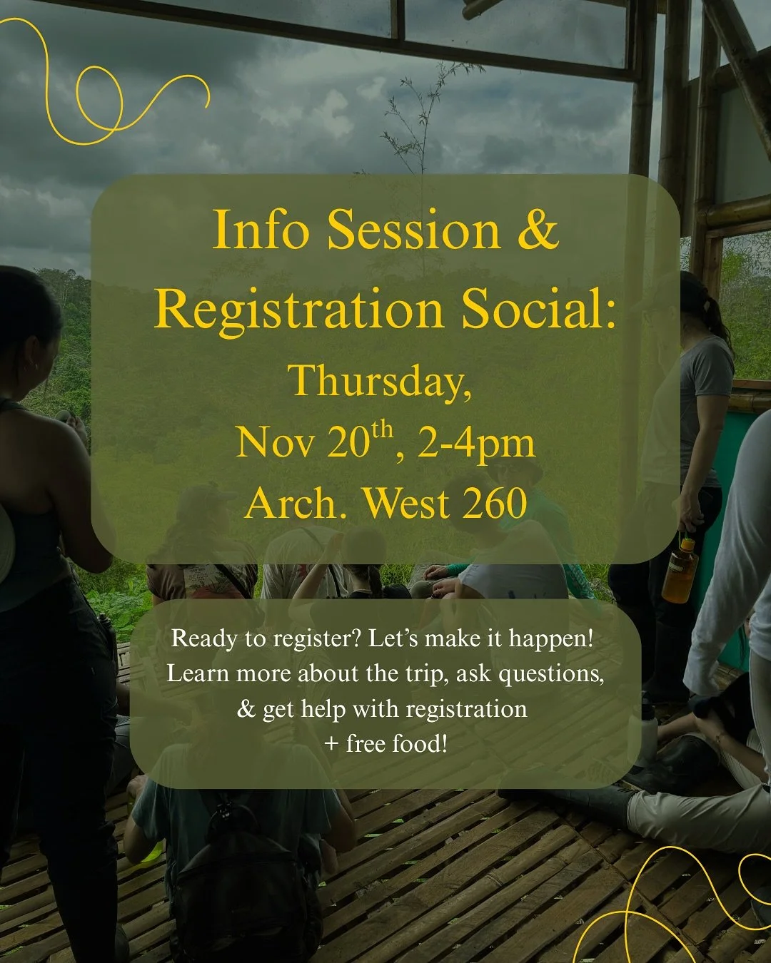 Curious about regenerative design, bamboo construction, or agroforestry? 🌱
Join us this Thursday for the RFI Info Session and Registration Social to learn how you can spend your summer in Ecuador working hands-on with sustainable systems.
📍 Arch We
