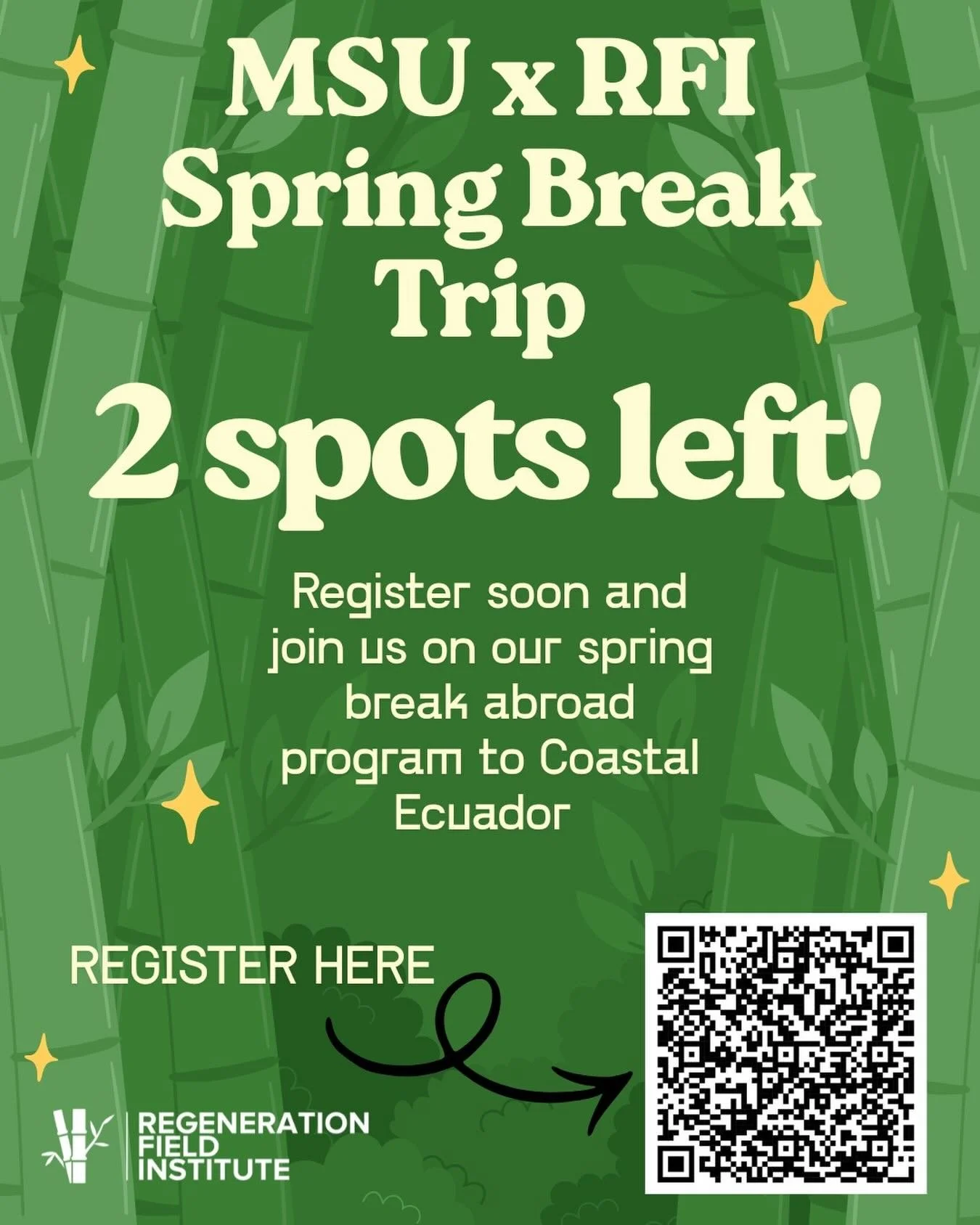 ONLY TWO SPOTS LEFT!!!! Register today to join us on our spring break abroad trip!! 
#gogreen #sustainability #regeneration #bamboo #michiganstateuniversity