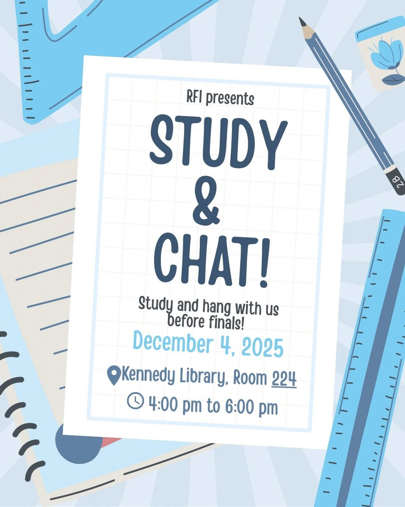 Join us for a Study &amp; Chat! Tomorrow, come hang with us and chat about RFI and our experiences while doing homework! We&rsquo;ll be in Room 224 in the library ready to answer any questions!