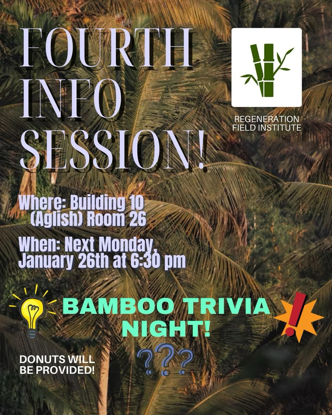 We are back with our fourth info session coming up fast! Join us for Bamboo Trivia Night along with learning about our amazing program in Ecuador this summer! We can&rsquo;t wait to meet more of you this quarter! Stop by for some free donuts and fun!