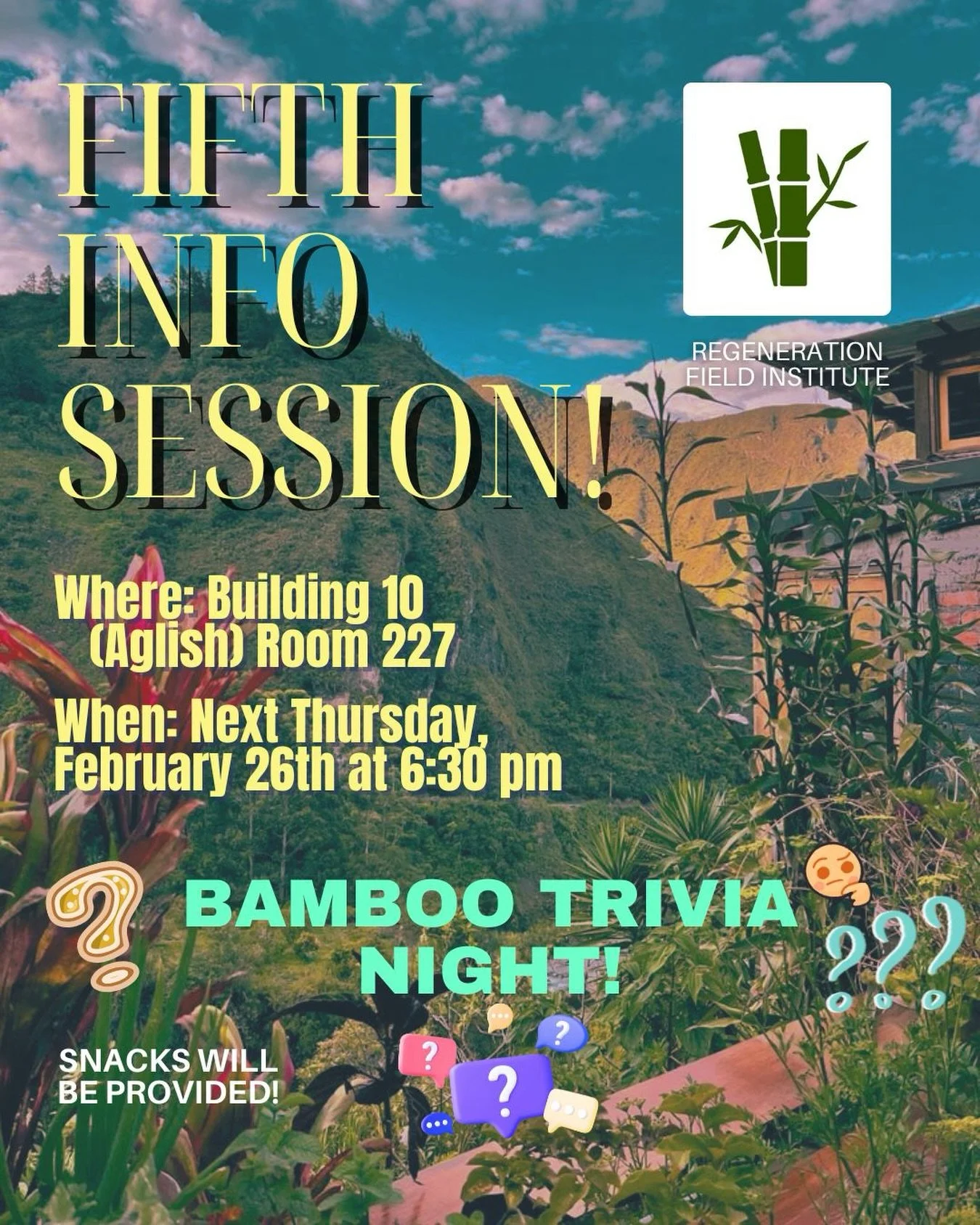 Join us for a Bamboo Trivia Night next Thursday!! We would love for everyone to join us learning about our program and a little more about Ecuador and bamboo in a fun engaging night! We will have snacks provided so bring your friends!
-
-
-
-
-
#bamb