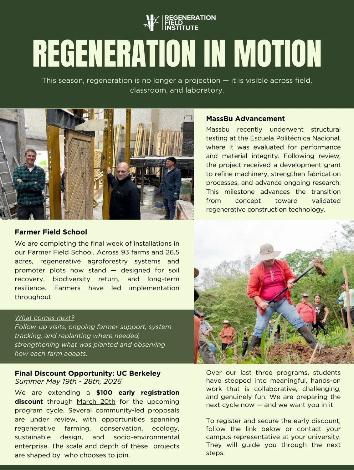 Extra extra, read all about it ! 🗞️

Please take a moment to read about some amazing updates at @regenerationfieldinstitute from planting the seeds for our new farmer field school to MassBu advancements 🎋

And guess what Berkeley students &hellip; 
