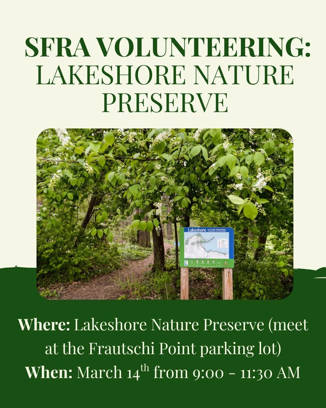 Join our friends at the Lakeshore Nature Preserve this Saturday for a volunteer work day! Spend time outside + take care of this beloved space 🌳

RSVP here: https://docs.google.com/forms/d/e/1FAIpQLSd--qaDs4ncO-8LeTolm398Y2SSthZSS0IVrqVKDx0vNqPZ3g/v
