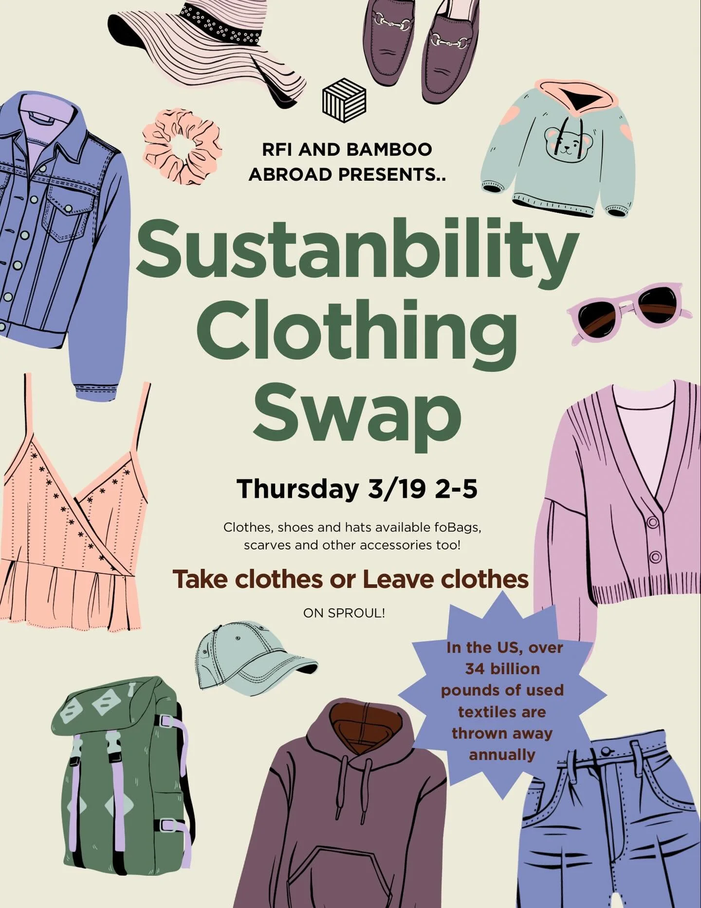 Sustainable Clothing Swap THIS Thursday !! 👚

- Come thrift with RFI FOR FREE ! 
- Leave a piece of clothing , take a piece of clothing ! 

Thursday March 19th from 2-5PM , on Sproul Plaza 📍