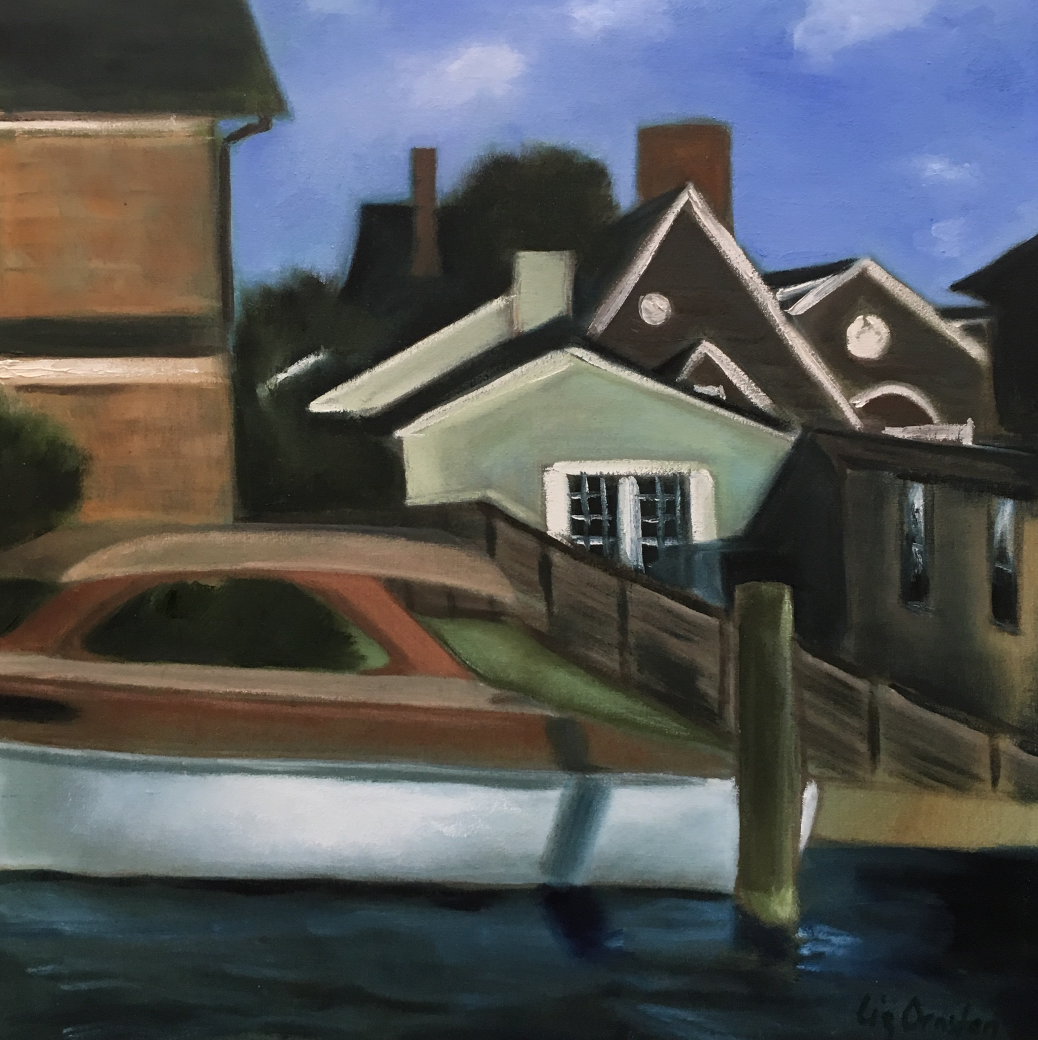 "Summer Houses at Boat Dock" | Oil on Canvas | 26x26