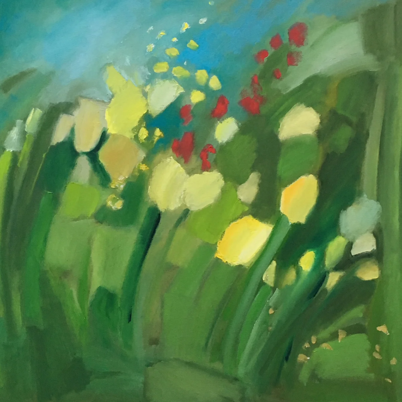 "Yellow Red Flowers in Green" | Oil On Canvas | 30x30