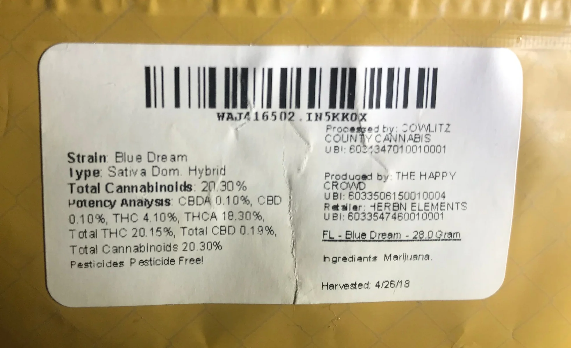 My selected strain: Blue Dream, a “sativa dominant hybrid”