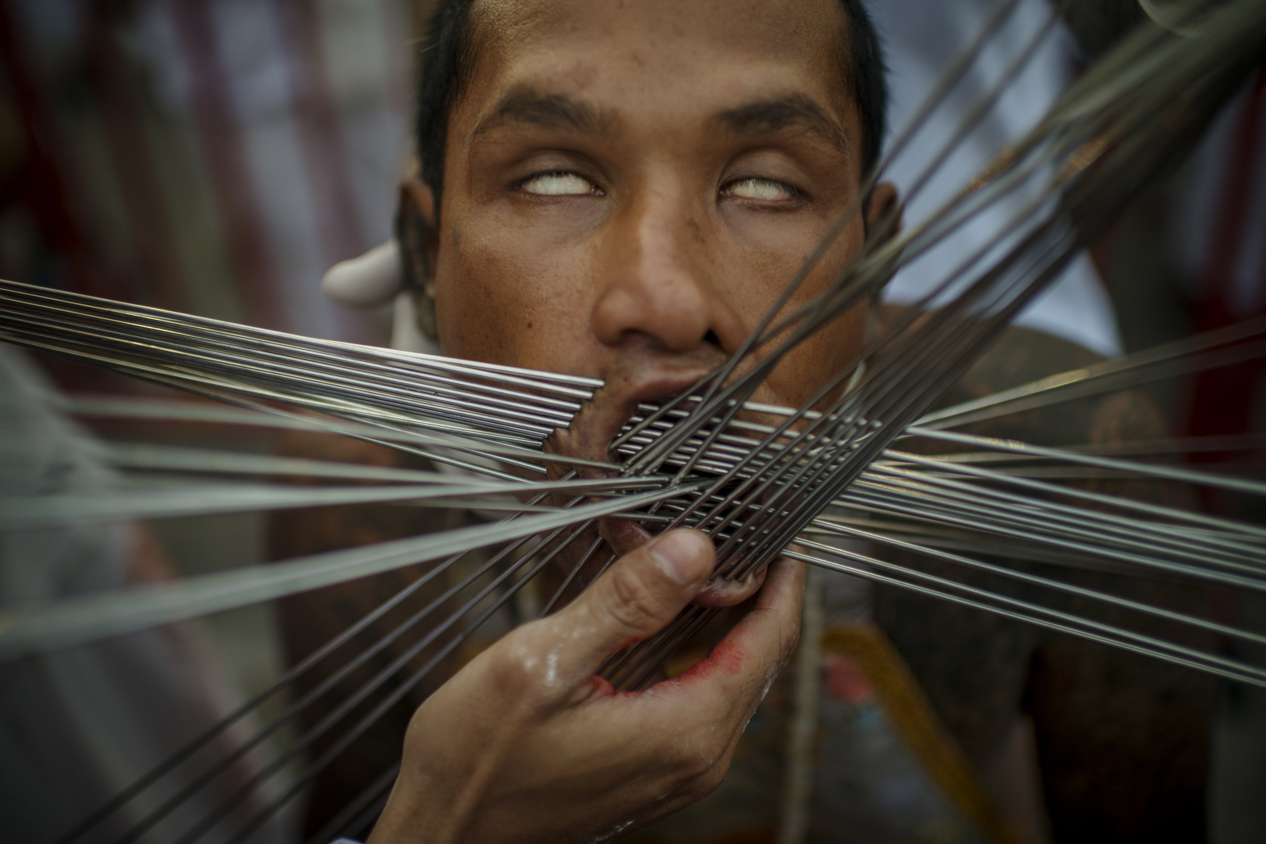  Man pierced with needles, The Nine Emperor Gods Festival, Phuket/ Thailand 