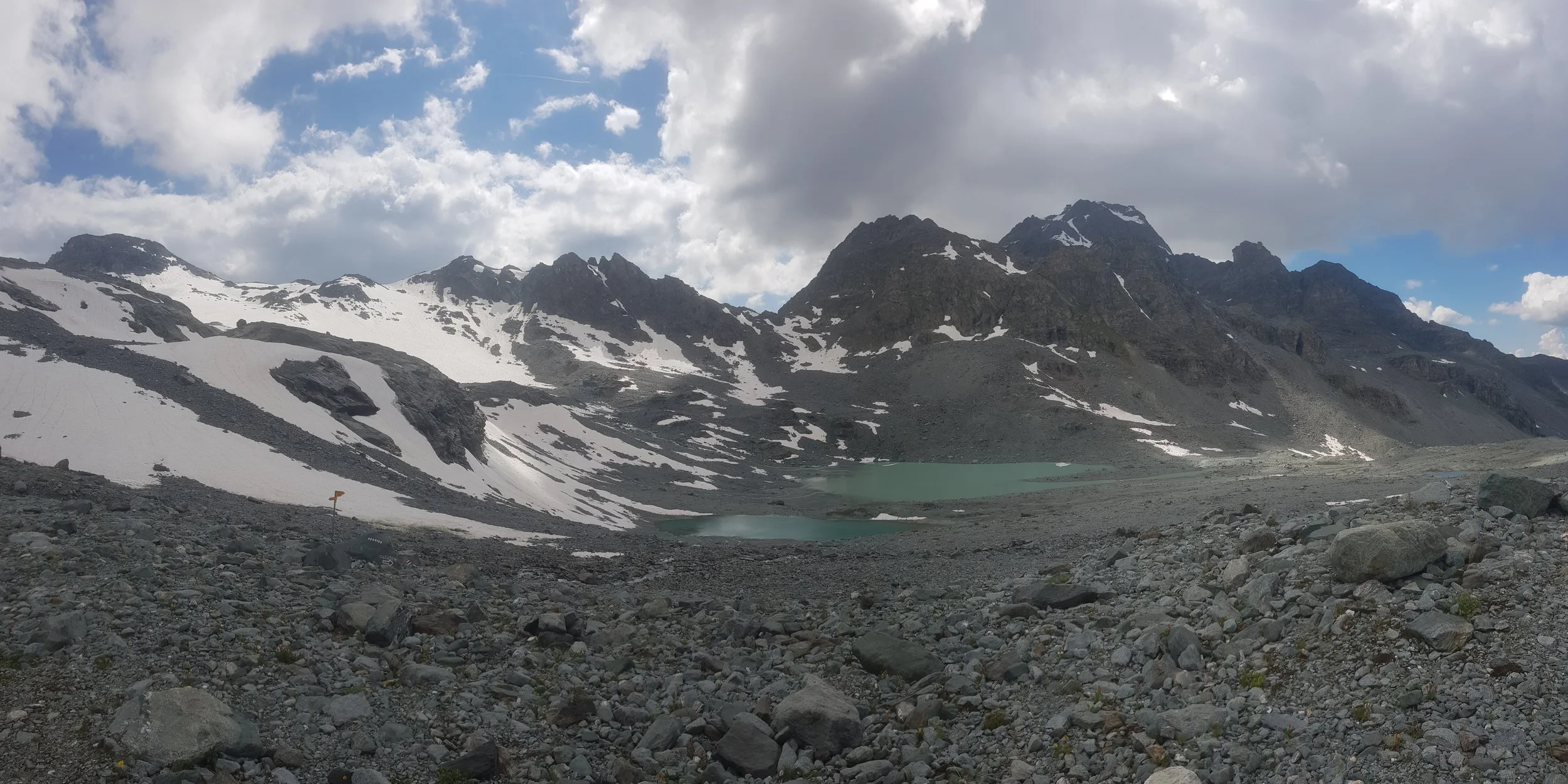 Crossing the rocky high alpine plateau between Col Du Louvie and Col De Prafleuri, both standing at just under 3,000m