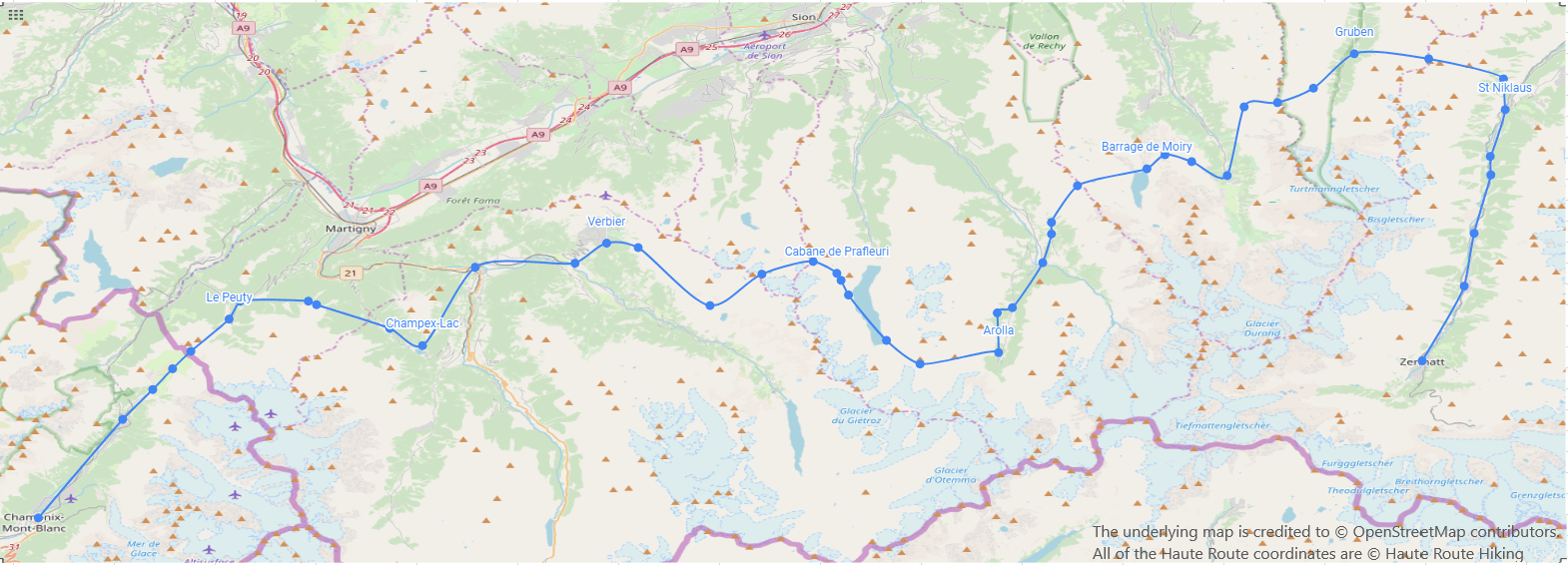 Haute Route Trek: Map of a self-guided hiking journey from Chamonix to Zermatt using one of the quickest paths