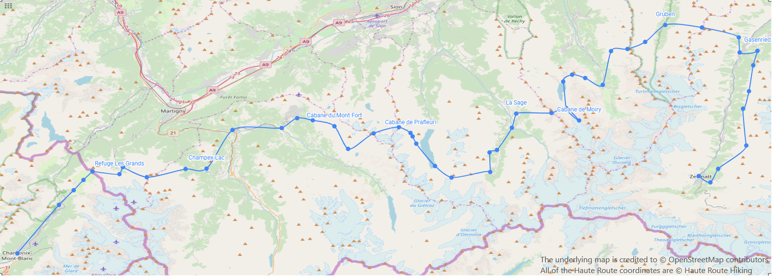 Haute Route Hike: Map for our self-guided journey from Chamonix to Zermatt. The trails we planned to take was expected to be 187km ( 116mi) in total.