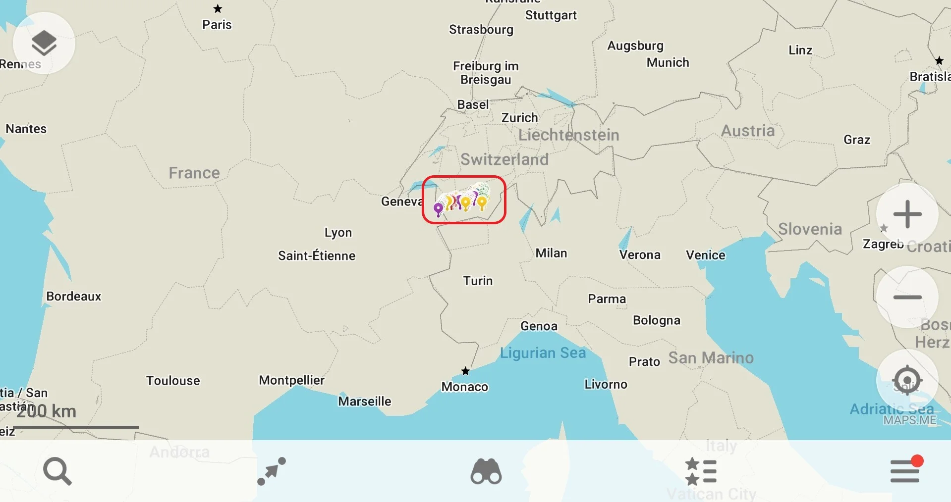Image 12: Move the screen to the Haute Route trail where you will see a collection of pins which make up your route and places of interest