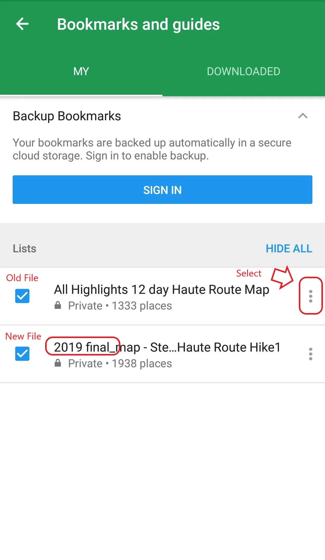 Image 14: Identify which is the new file. For all other map file(s) for the Haute Route, select 3 dots button on the side to see options