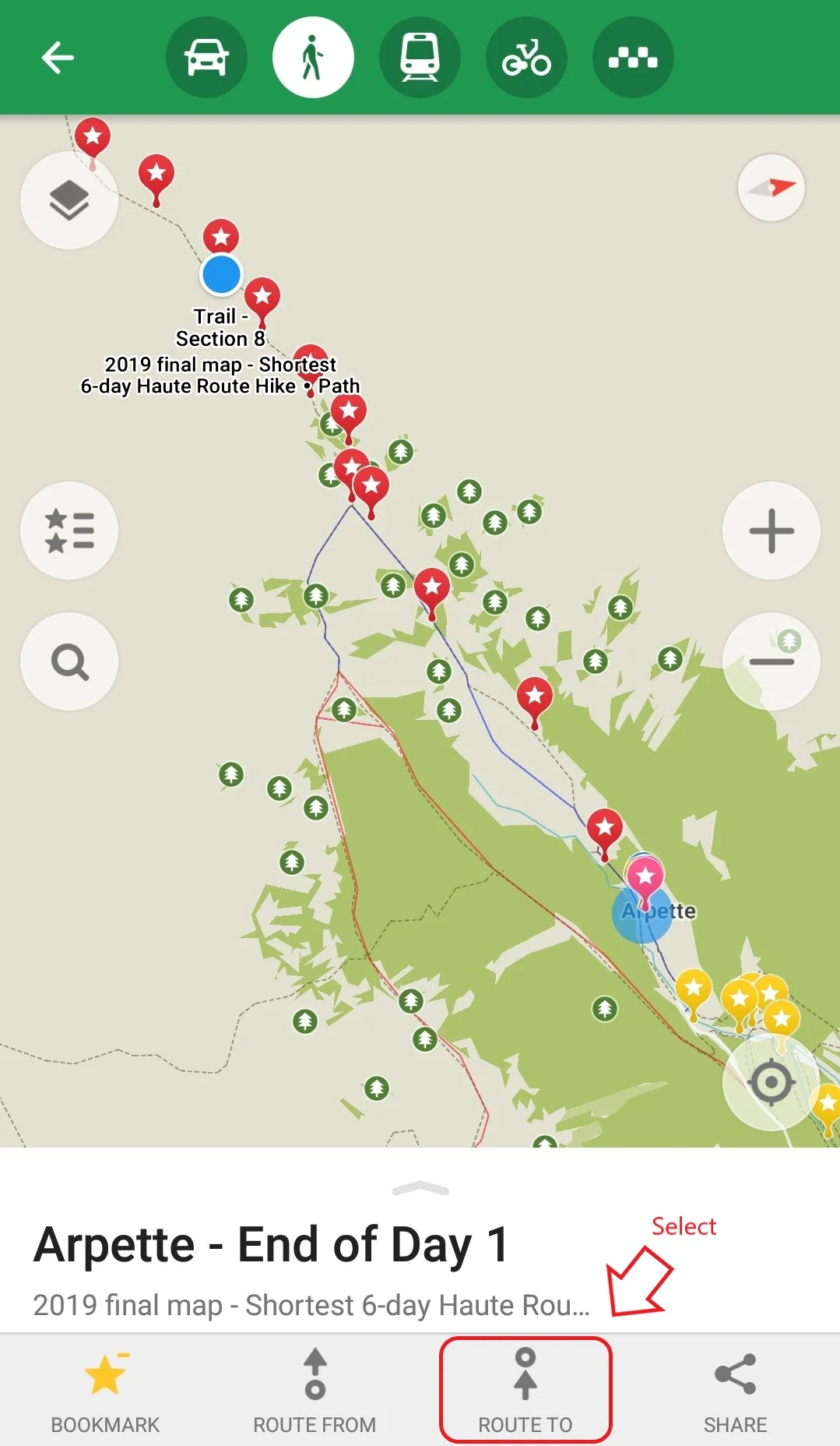 Walker’s Haute Route: When you are on the trail, select the location on the map you’d like to calculated the distance to and then click ‘Route To’