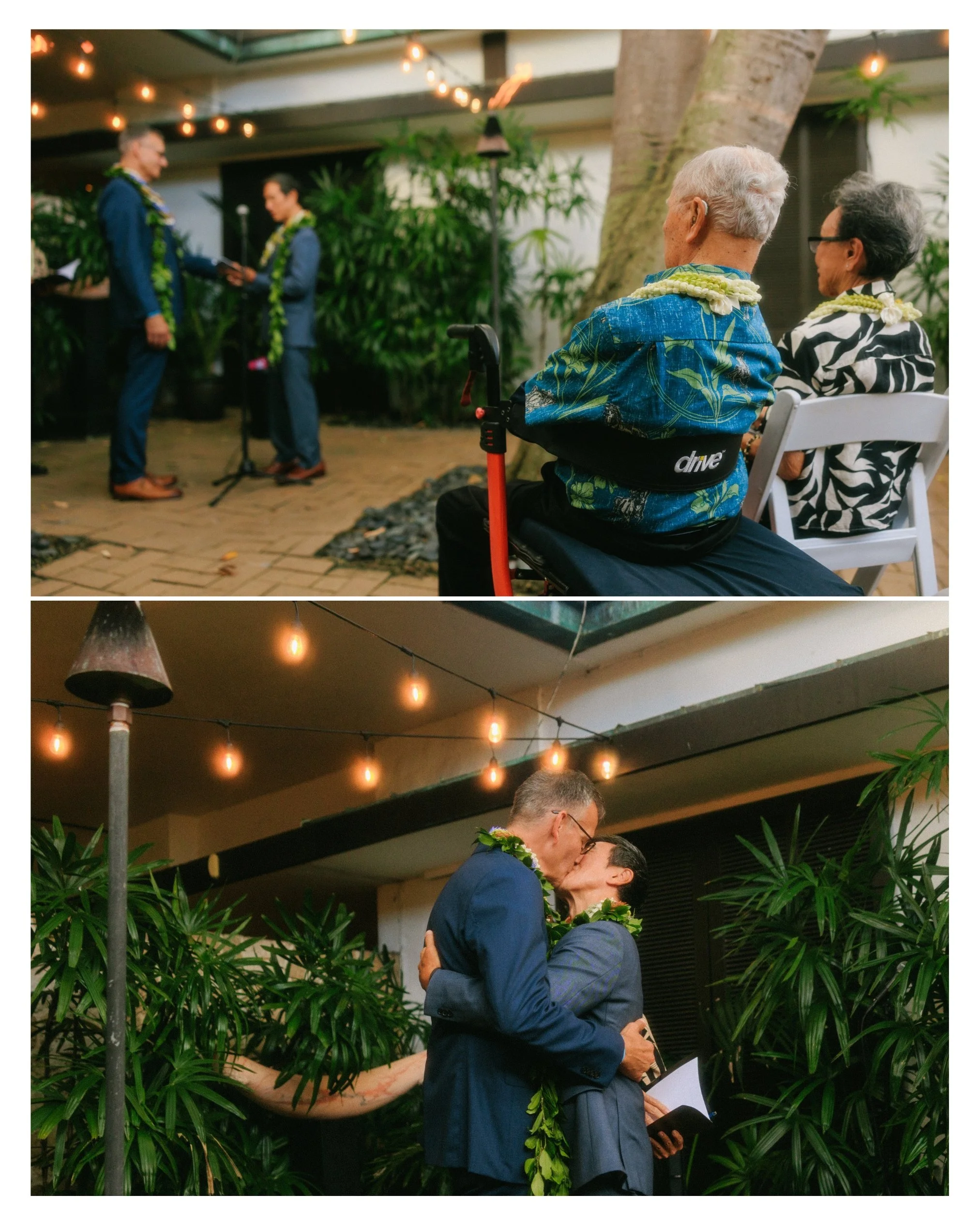 Family members watch the wedding ceremony as the couple shares their first kiss beneath string lights at The Pacific Club Honolulu. Emotional Hawaii wedding photography.