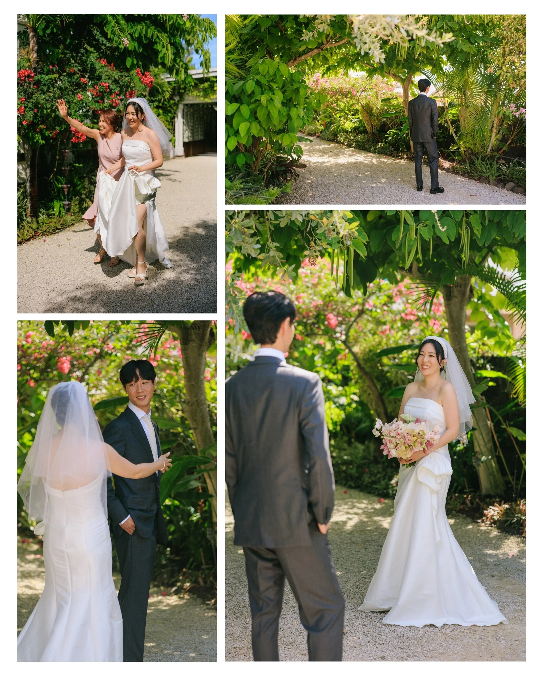 Tiffany and Sungho during their first look at Male'ana Gardens before their intimate Oahu wedding